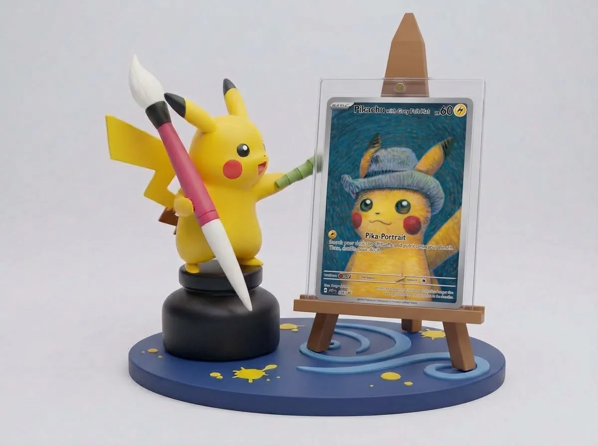 Pikachu with a brush on an ink bottle beside an easel that holds a graded slab